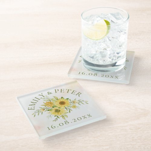 Yellow Sunflower Floral Bride And Groom Wedding  Glass Coaster