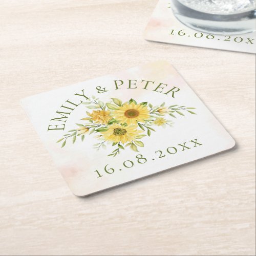 Yellow Sunflower Floral Bride And Groom Wedding Square Paper Coaster