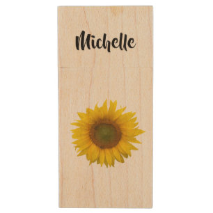 Yellow Sunflower Floral Country Cute Typography Wood Flash Drive