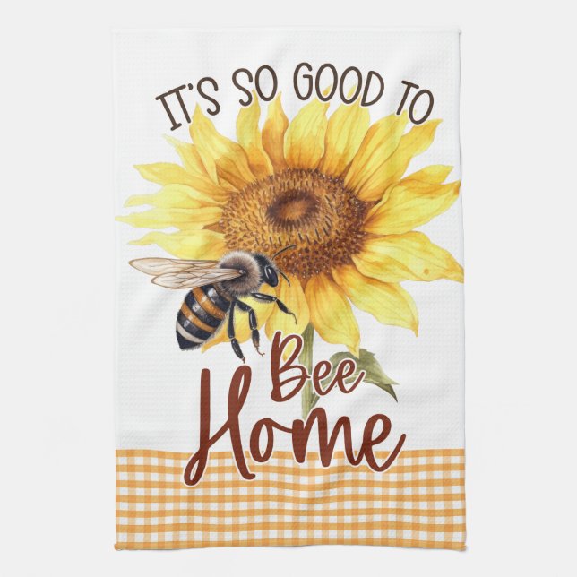 Yellow Sunflower Floral Gingham Bee Happy Sunshine Kitchen Towel (Vertical)