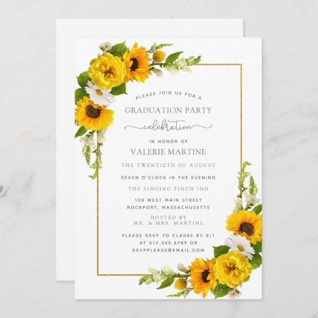 Yellow Sunflower Floral Graduation Party Invitation (Front/Back)