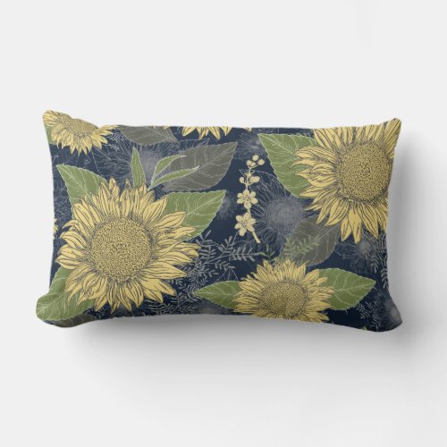 Yellow Sunflower Floral Navy Blue Lumbar Pillow