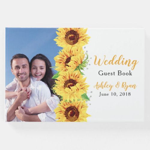 Yellow Sunflower Floral Photo Wedding Guest Book