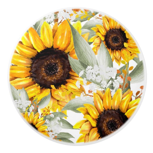 Yellow Sunflower Floral Rustic Fall Flower Ceramic Knob (Front)