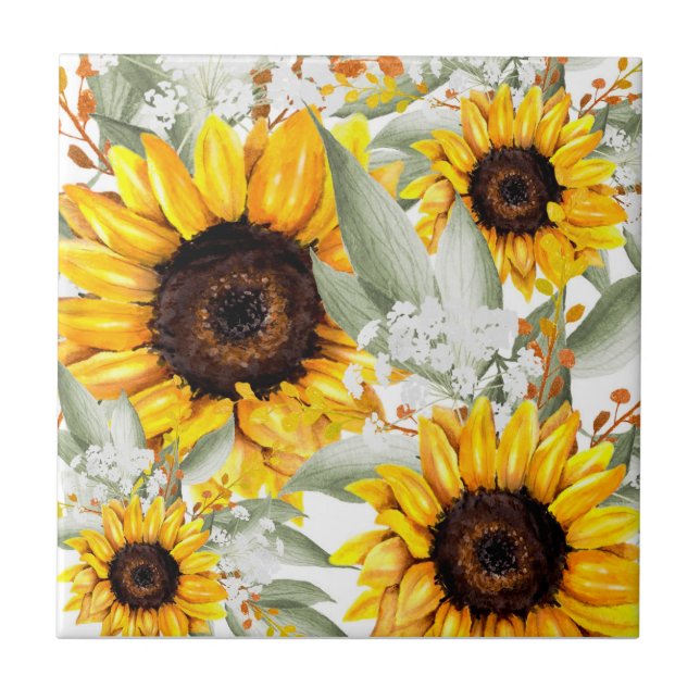 Yellow Sunflower Floral Rustic Fall Flower Ceramic Tile (Front)