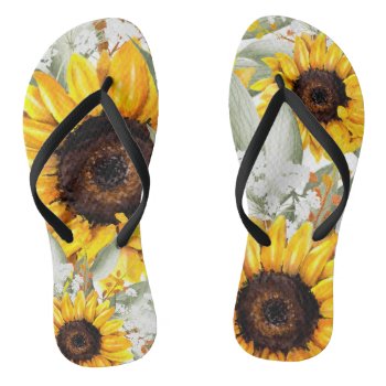 Yellow Sunflower Floral Rustic Fall Flower Flip Flops by Boho_Chic at Zazzle