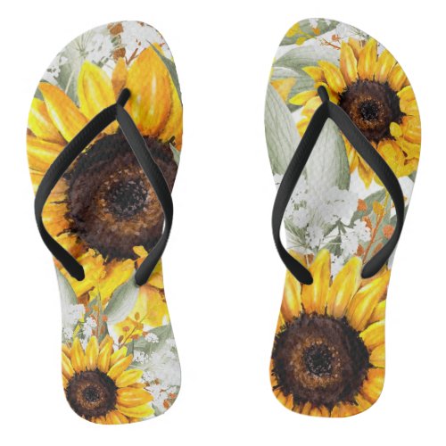 Yellow Sunflower Floral Rustic Fall Flower Flip Flops