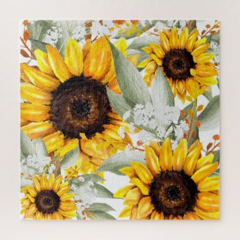 Yellow Sunflower Floral Rustic Fall Flower Jigsaw Puzzle by Boho_Chic at Zazzle
