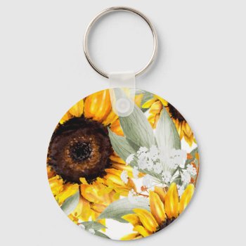 Yellow Sunflower Floral Rustic Fall Flower Keychain by Boho_Chic at Zazzle