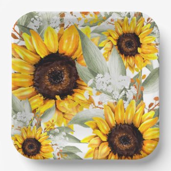 Yellow Sunflower Floral Rustic Fall Flower Paper Plates by Boho_Chic at Zazzle