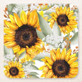 Yellow Sunflower Floral Rustic Fall Flower Square Paper Coaster by Boho_Chic at Zazzle