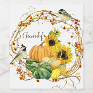 Yellow Sunflower Floral Thanks Pumpkin Fall Event Wine Label