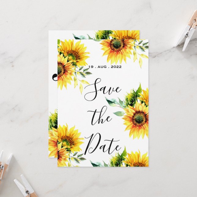 Yellow sunflower floral vibrant spring bouquet invitation (Front/Back In Situ)