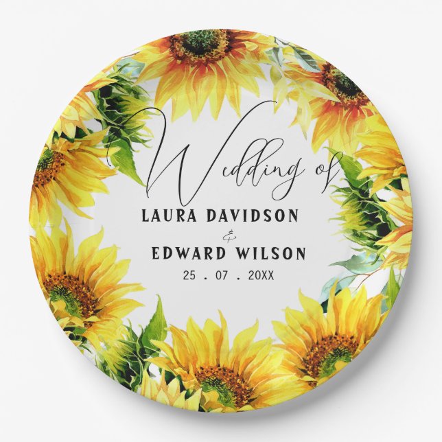 Yellow sunflower floral vibrant spring bouquet paper plates (Front)
