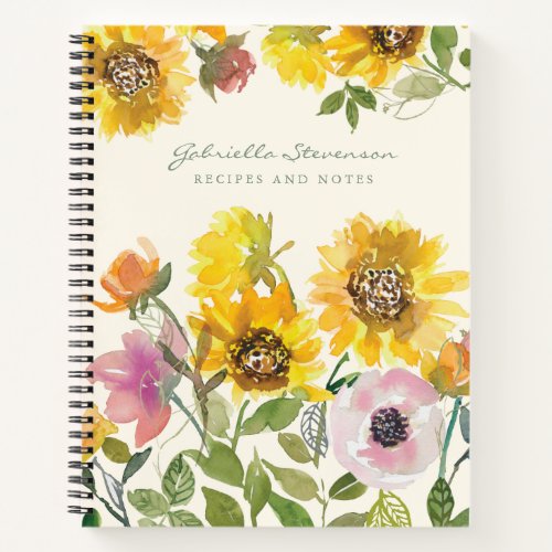 Yellow Sunflower Floral Watercolor Custom Recipe Notebook