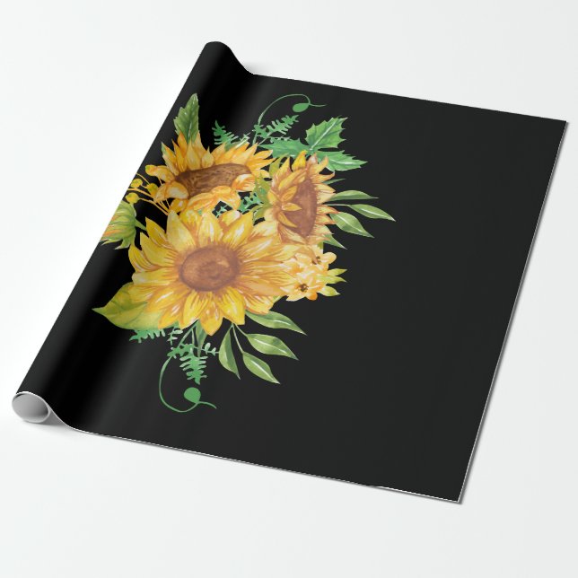 Yellow Sunflower Floral Watercolor Positivity Wrapping Paper (Unrolled)