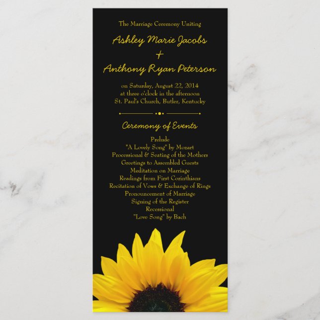 Yellow Sunflower Flower Black Wedding Program (Front)