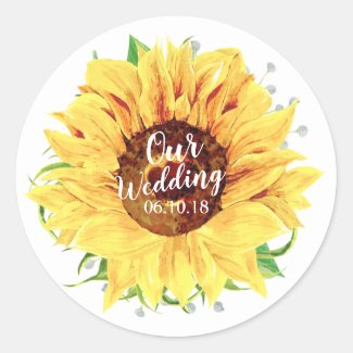 Yellow Sunflower Flower Floral Wedding Watercolor Classic Round Sticker