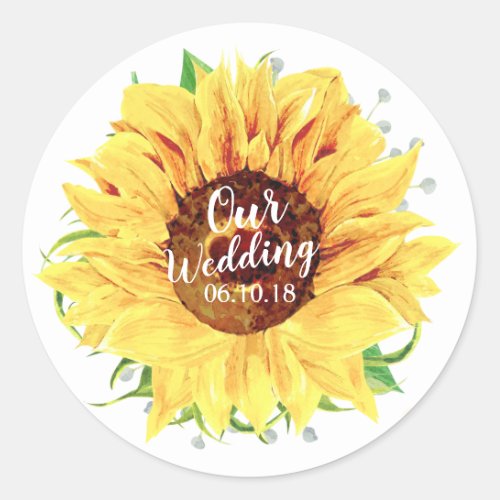 Yellow Sunflower Flower Floral Wedding Watercolor Classic Round Sticker
