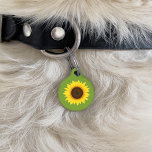 Yellow Sunflower Flower Illustration On Green Pet ID Tag<br><div class="desc">Destei's cartoon illustration of a lovely yellow sunflower on a green background color. On the other side there are personalizable text areas for pet's own name and for owner's phone number in yellow color font together with three small sunflowers.</div>