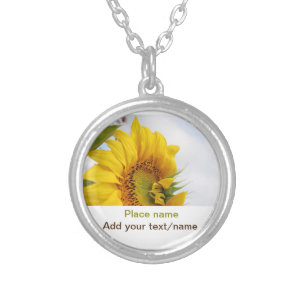 Yellow sunflower garden add photo text name travel silver plated necklace