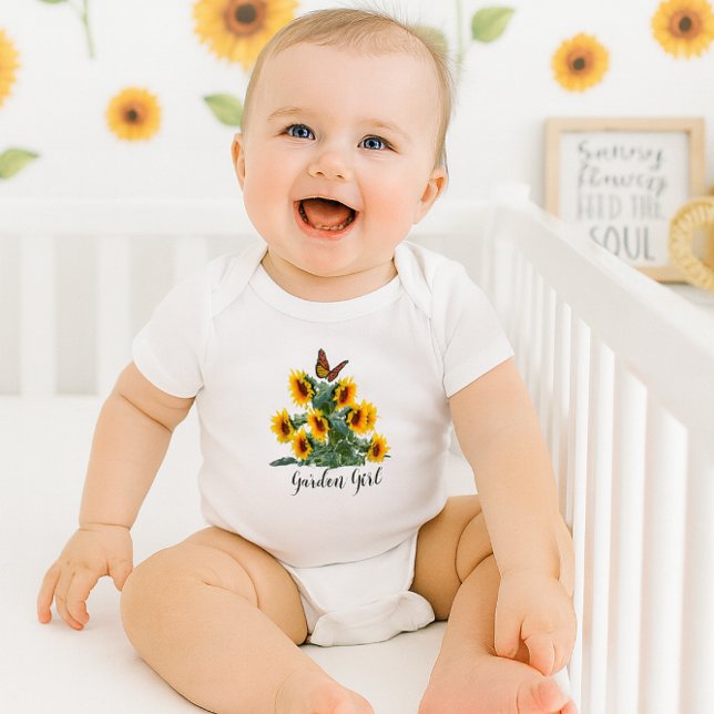 Yellow Sunflower "Garden Girl"  Baby Bodysuit (Sunshine and giggles! This happy little Garden Girl blooms bright in her sunflower-themed crib. 🌻)