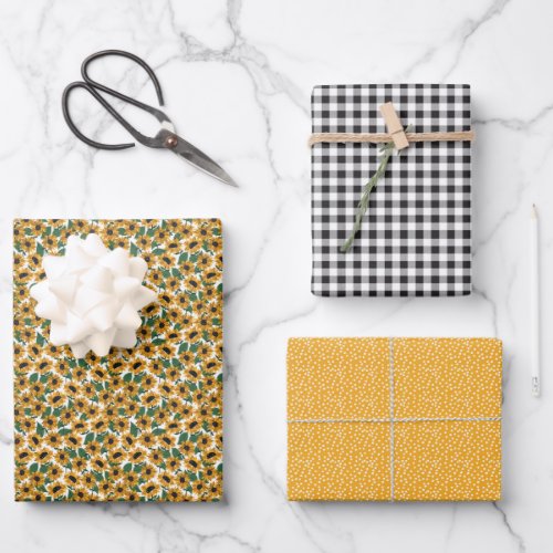 Yellow Sunflower Gingham Wrapping Paper Set