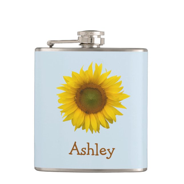 Yellow Sunflower Girly Floral Blue Flask (Front)