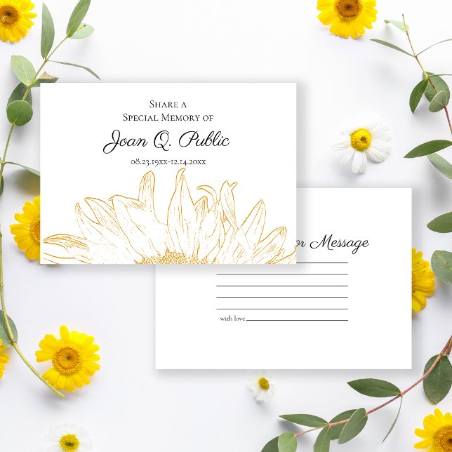 Yellow Sunflower Graphic Share a Memory Funeral  Note Card (Creator Uploaded)