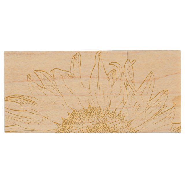 Yellow Sunflower Graphic Wedding Favor Wood USB Flash Drive (Front)