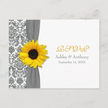 Yellow Sunflower Gray Damask Wedding Rsvp Postcard by wasootch at Zazzle