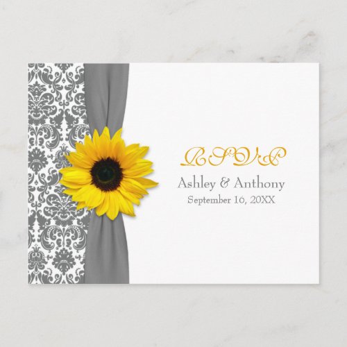 Yellow Sunflower Gray Damask Wedding RSVP Postcard