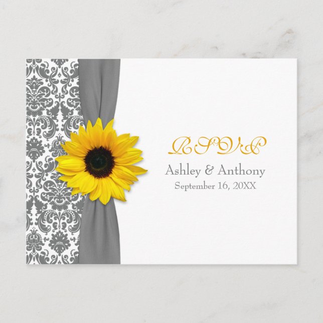 Yellow Sunflower Gray Damask Wedding RSVP Postcard (Front)