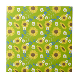 Yellow Sunflower Green Background Flower Floral Ceramic Tile
