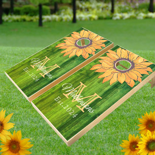 Yellow Sunflower Green Rustic Wood Family Cornhole Set