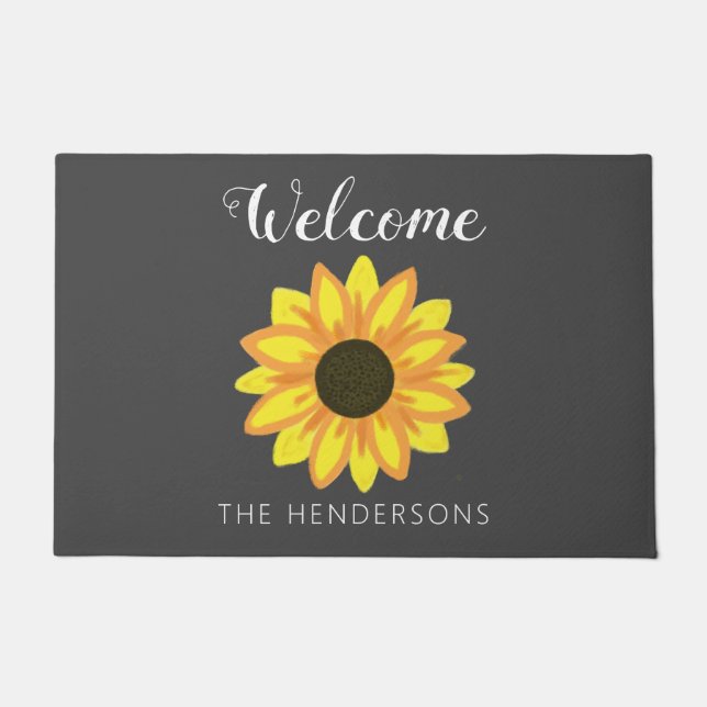 Yellow Sunflower Grey Welcome Script Family Name Doormat (Front)