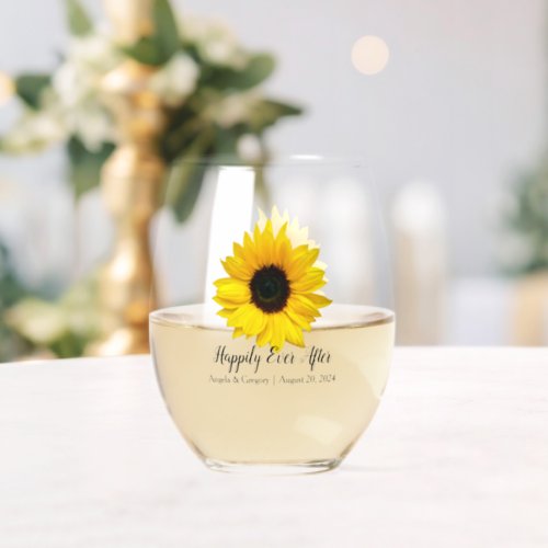 Yellow Sunflower Happily Ever After Wedding Stemless Wine Glass