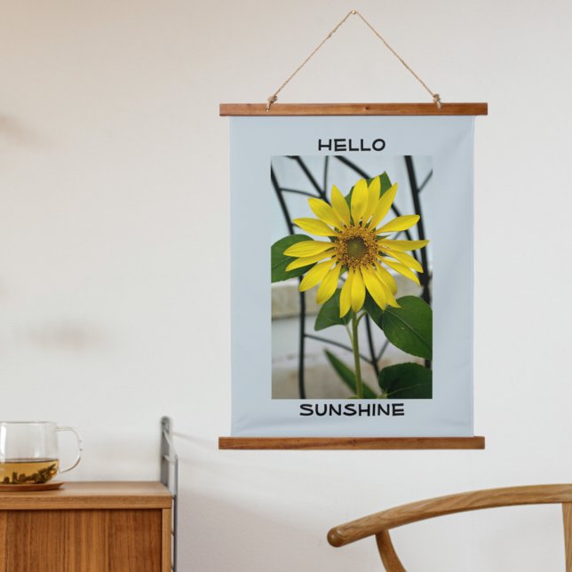 Yellow Sunflower Hello Sunshine Pale Blue Hanging Tapestry (Creator Uploaded)