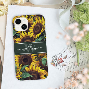 Yellow Sunflower Illustration Name Monogram Case-Mate iPhone 14 Case