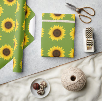 Yellow Sunflower Illustration Pattern On Green Wrapping Paper