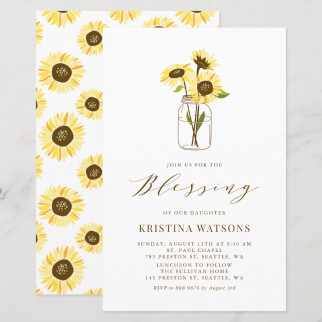 Yellow Sunflower in Mason Jar Baby Blessing Invite (Front/Back)