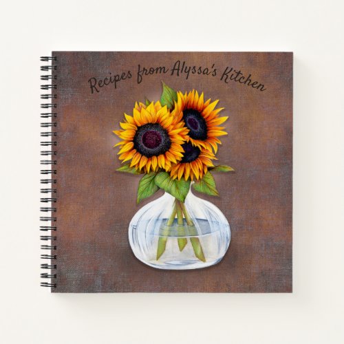 Yellow Sunflower in Vase on Rustic Brown Notebook