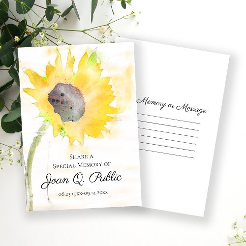 Yellow Sunflower in Vase Share a Memory Funeral  Note Card