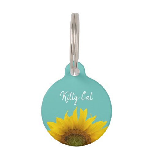 Yellow Sunflower Kitty Cat Typography Trendy Teal Pet ID Tag
