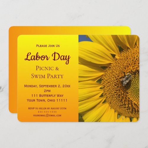 Yellow Sunflower Labor Day Picnic and Swim Party Invitation