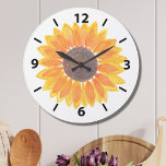 Yellow Sunflower Large Clock<br><div class="desc">Sunflowers bring joy!
Brighten your day with this charming floral clock featuring an original watercolor sunflower and a simple clock face.
Because we create our own artwork you won't find this exact image from other designers.
Original Watercolor © Michele Davies.</div>