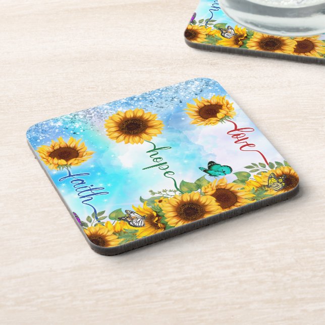 Yellow Sunflower Love Hope Faith Summer Autumn Beverage Coaster (Left Side)