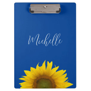 Yellow Sunflower Monogram Elegant Blue Clipboard