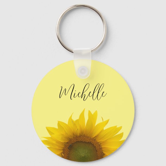 Yellow Sunflower Monogram Script Typography Keychain (Front)