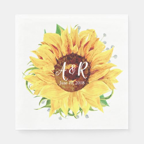 Yellow Sunflower Monogram Wedding Paper Napkins